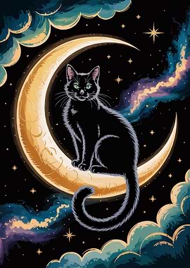 Black Cat on Crescent Moon