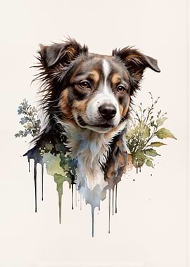 Watercolor Dog Portrait with Floral Accents