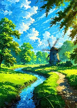 Windmill by a Stream Landscape