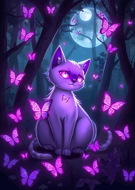 Purple Cat with Butterflies Digital Art