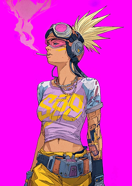 Cyberpunk Girl Smoking on Pink Background