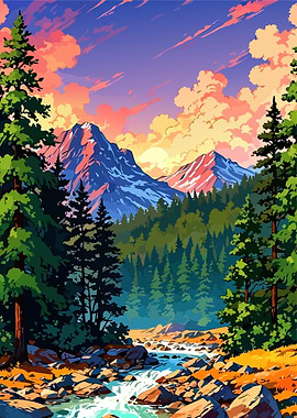 Mountain Landscape with River and Forest