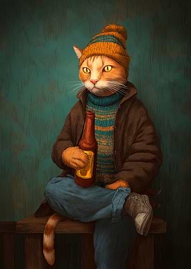 Anthropomorphic Cat with Beer