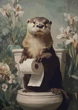 Otter on Toilet with Toilet Paper
