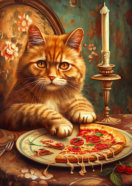 Cat with Pizza and Candle