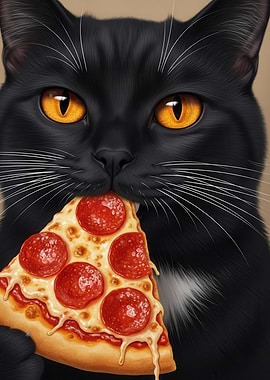 Black Cat Eating Pizza Slice