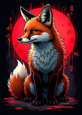 Fox with Red Moon Digital Art