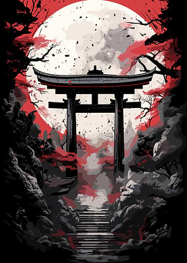 Japanese Torii Gate with Full Moon