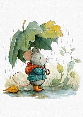 Mouse in Rain with Leaf Umbrella