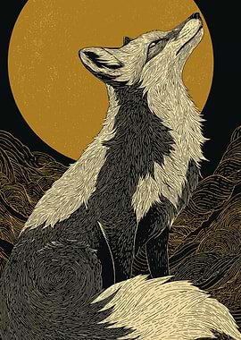 Fox Howling at the Moon Illustration