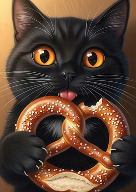 Black Cat Eating Pretzel
