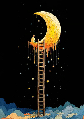 Boy on Moon with Ladder to Stars