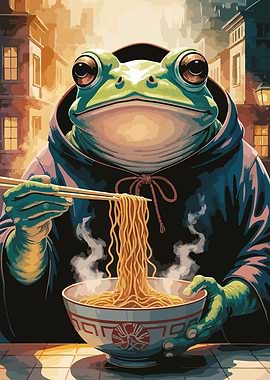 Frog Eating Ramen in Cityscape