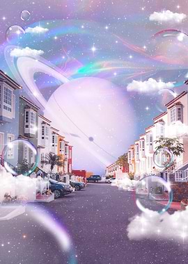 Surreal Street Scene with Saturn