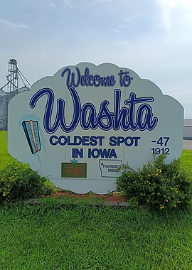 Welcome to Washta, Iowa sign. The coldest spot.