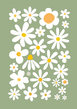 Daisy Flower Pattern on Green Background