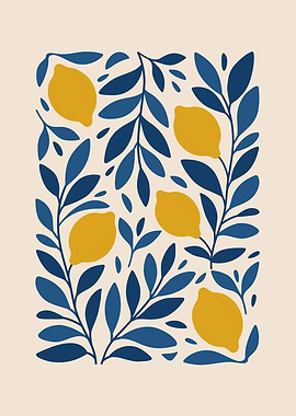 Lemons and Blue Leaves Pattern
