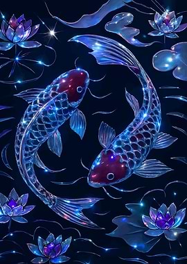 Two Koi Fish with Lotus Flowers