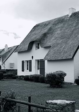 Thatched Roof Cottage in Black and White