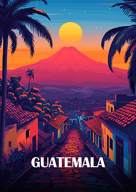 Guatemala Travel Poster with Volcano View