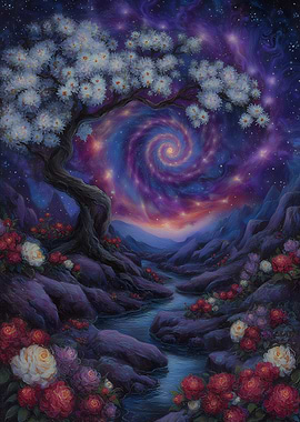 Dreamy Floral Landscape with Cosmic Sky