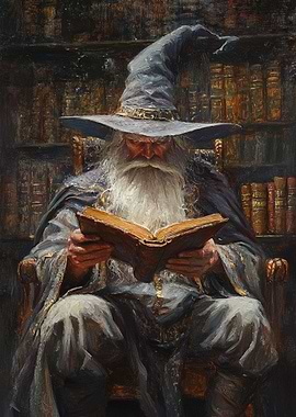 Wizard Reading in Library Painting