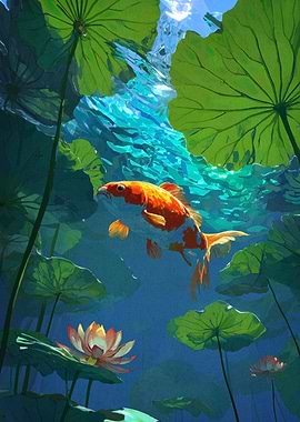 Koi Fish in Lotus Pond
