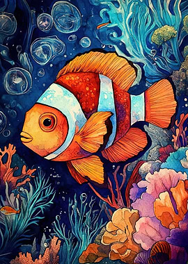 Clownfish Coral Reef Watercolor