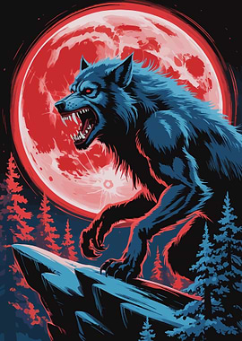 Werewolf howling at the blood moon