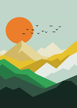 Minimalist Mountain Landscape with Orange Sun and Flying Birds