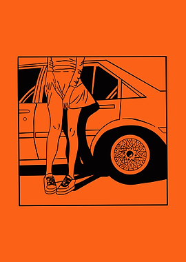 Woman and Car Illustration on Orange