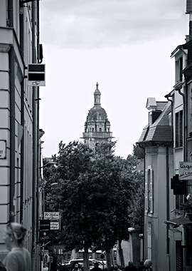Black and White Cityscape with Tower