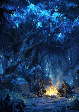 Campfire in Enchanted Forest Illustration