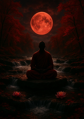 Monk Meditation Under Red Moon
