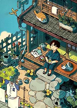 Cozy Japanese Garden Cats