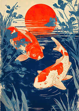 Koi Fish Pond Sunset Art