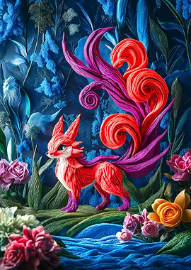 Fantasy Fox in Floral Landscape