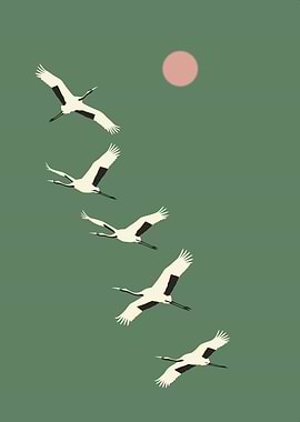 Minimalist Flying Cranes with Pink Moon