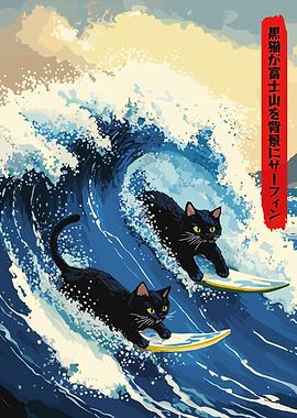 Surfing Cats Ukiyo-e Style