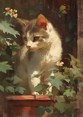 Cat in Flower Pot Painting