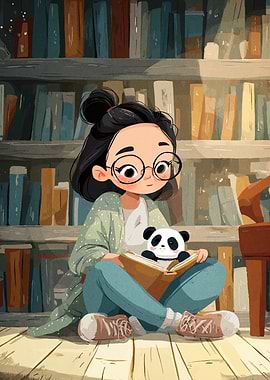 Girl reading with panda in library