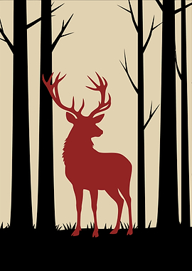 Minimalist Red Deer in Forest Silhouette