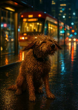Wet Dog Shaking in Rainy City