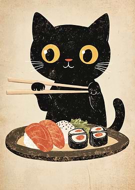 Black Cat Eating Sushi Illustration