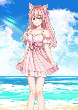 Anime Cat Girl on Beach