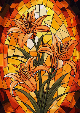 Stained Glass Orange Tiger Lily Flowers Illustration