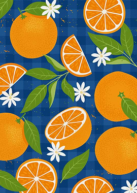 Oranges and Blossoms on Blue Plaid