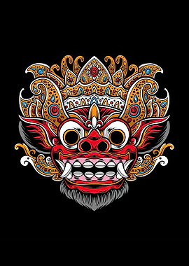 Balinese Mask Illustration on Black Background