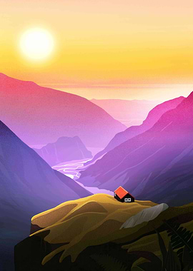Mountain Landscape with Cabin at Sunset