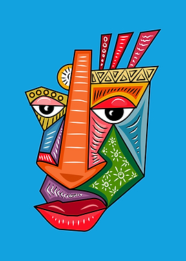 Abstract Geometric Face on Blue Background